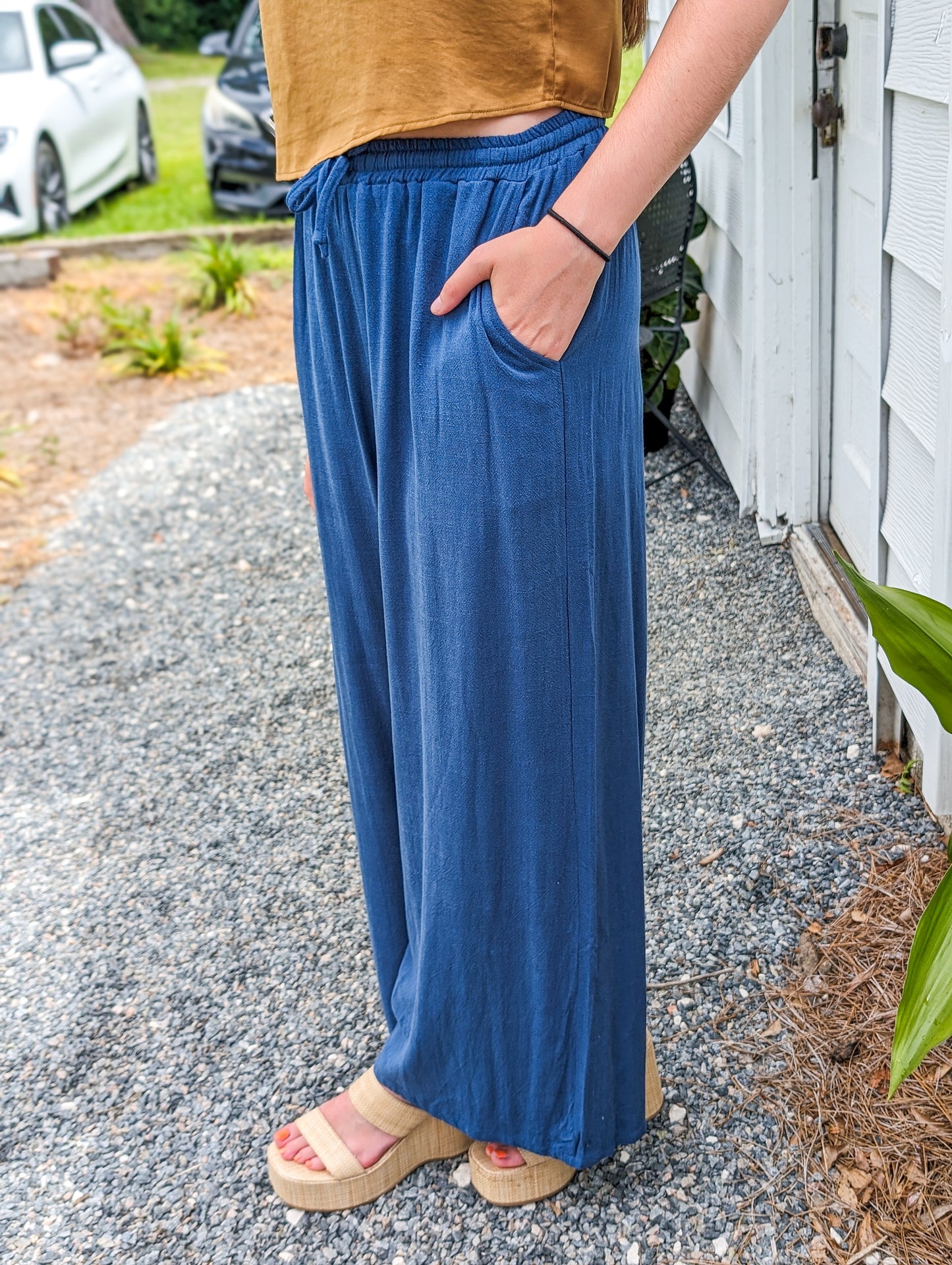 Navy Linen Elastic Waist Pants 