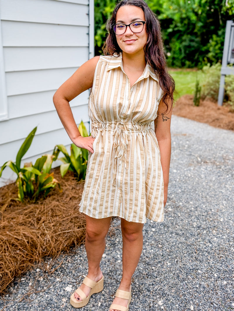 Striped Sleeveless Shirt Dress with Collar & Tie Waist Detail