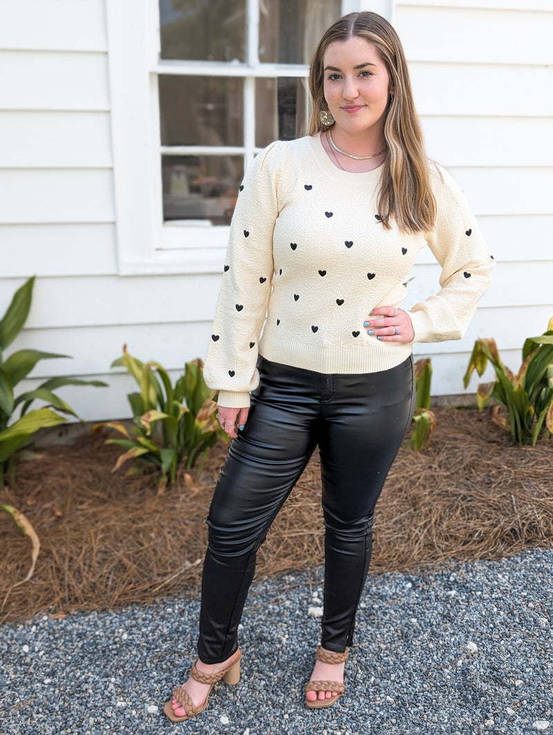 Heart Eyes Embroidered Cream Sweater