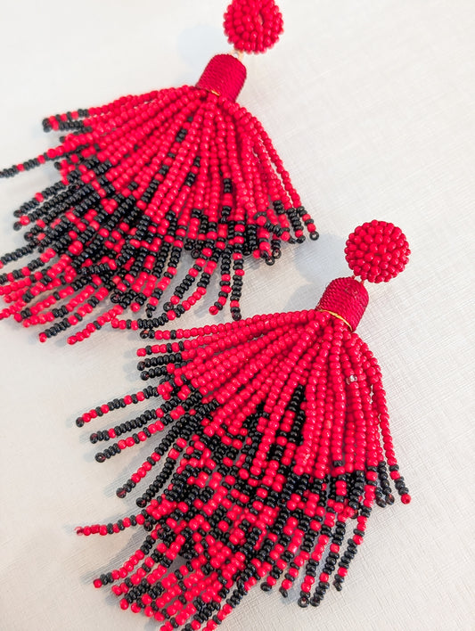 Felicite Beaded Tassel Earrings Red Black