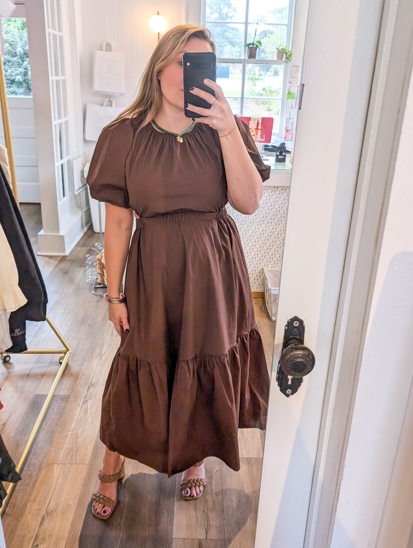 *FINAL SALE* Brown Puff Sleeve Maxi Dress With Cutouts