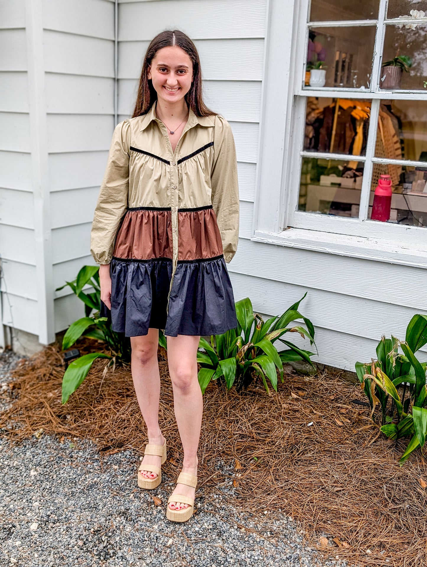 Multi Neutral Color Button Up Shirt Dress