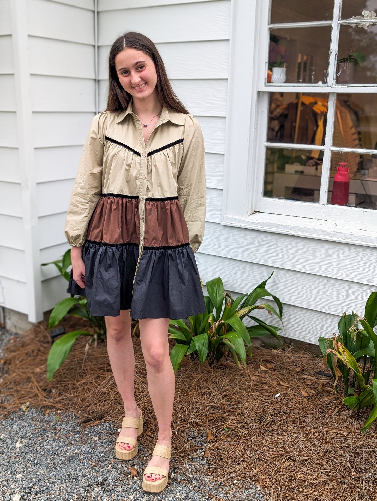 Multi Neutral Color Button Up Shirt Dress