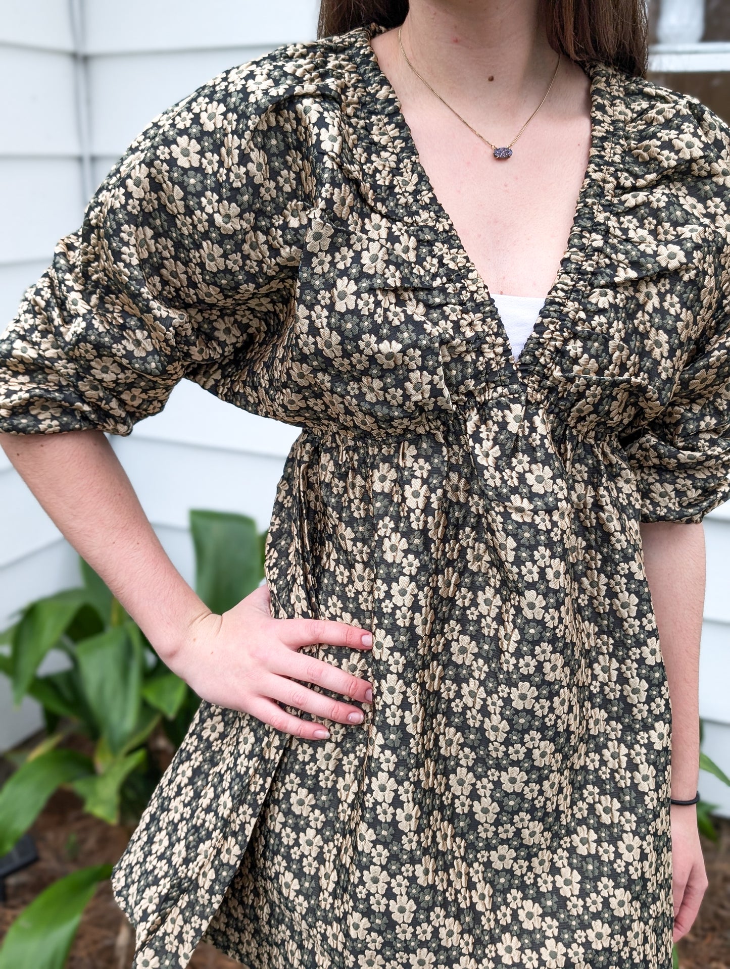 Gold Daisy Jacquard Puff Sleeve Dress