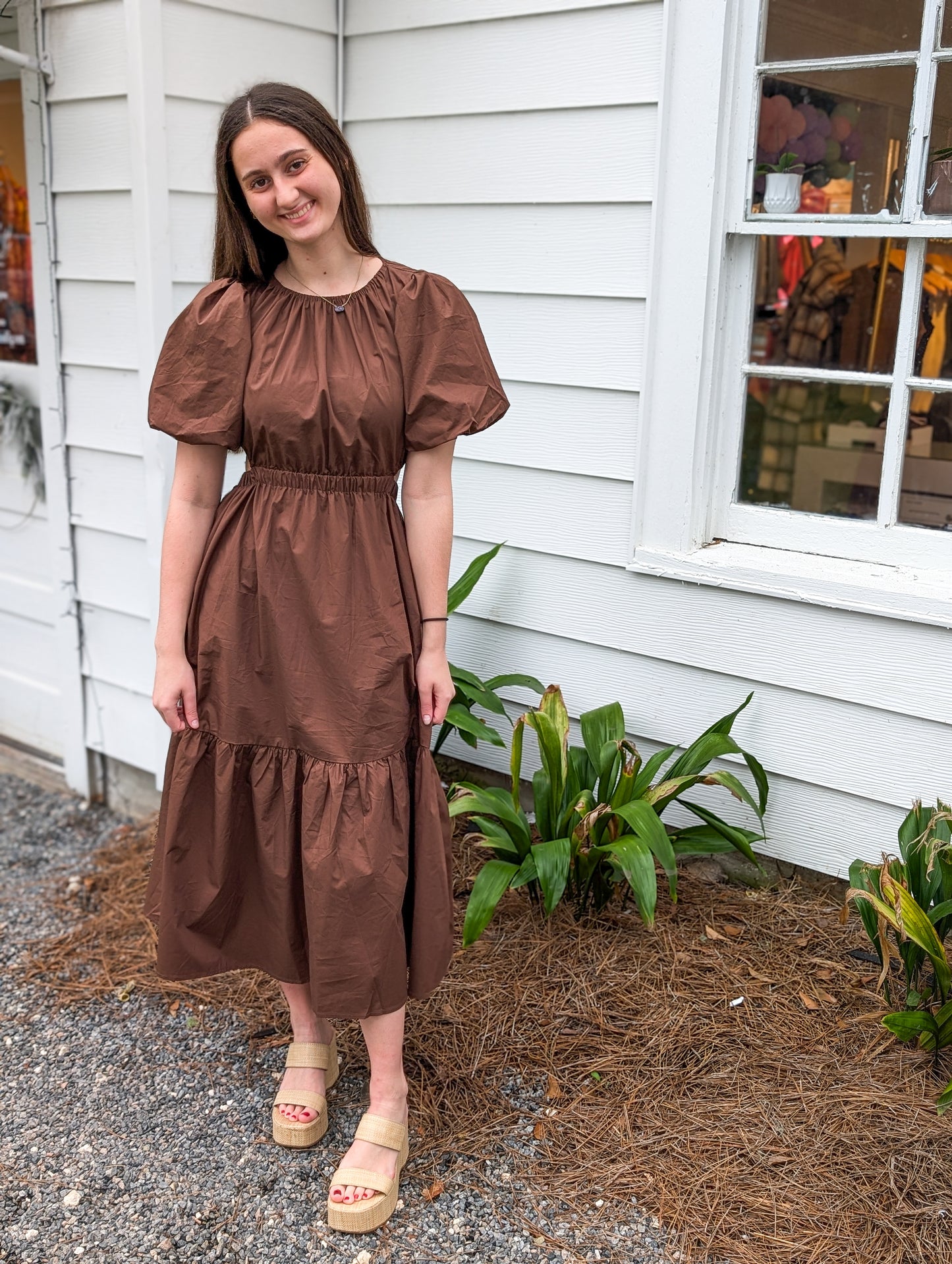 *FINAL SALE* Brown Puff Sleeve Maxi Dress With Cutouts