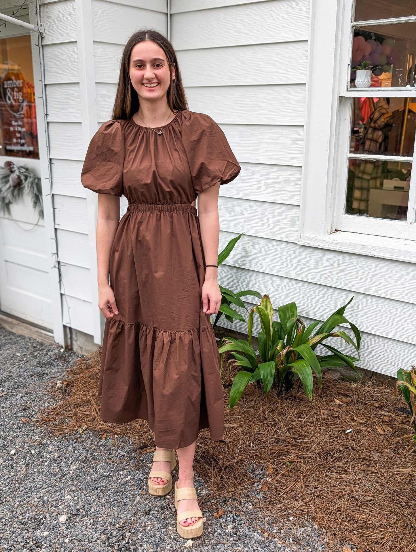 *FINAL SALE* Brown Puff Sleeve Maxi Dress With Cutouts