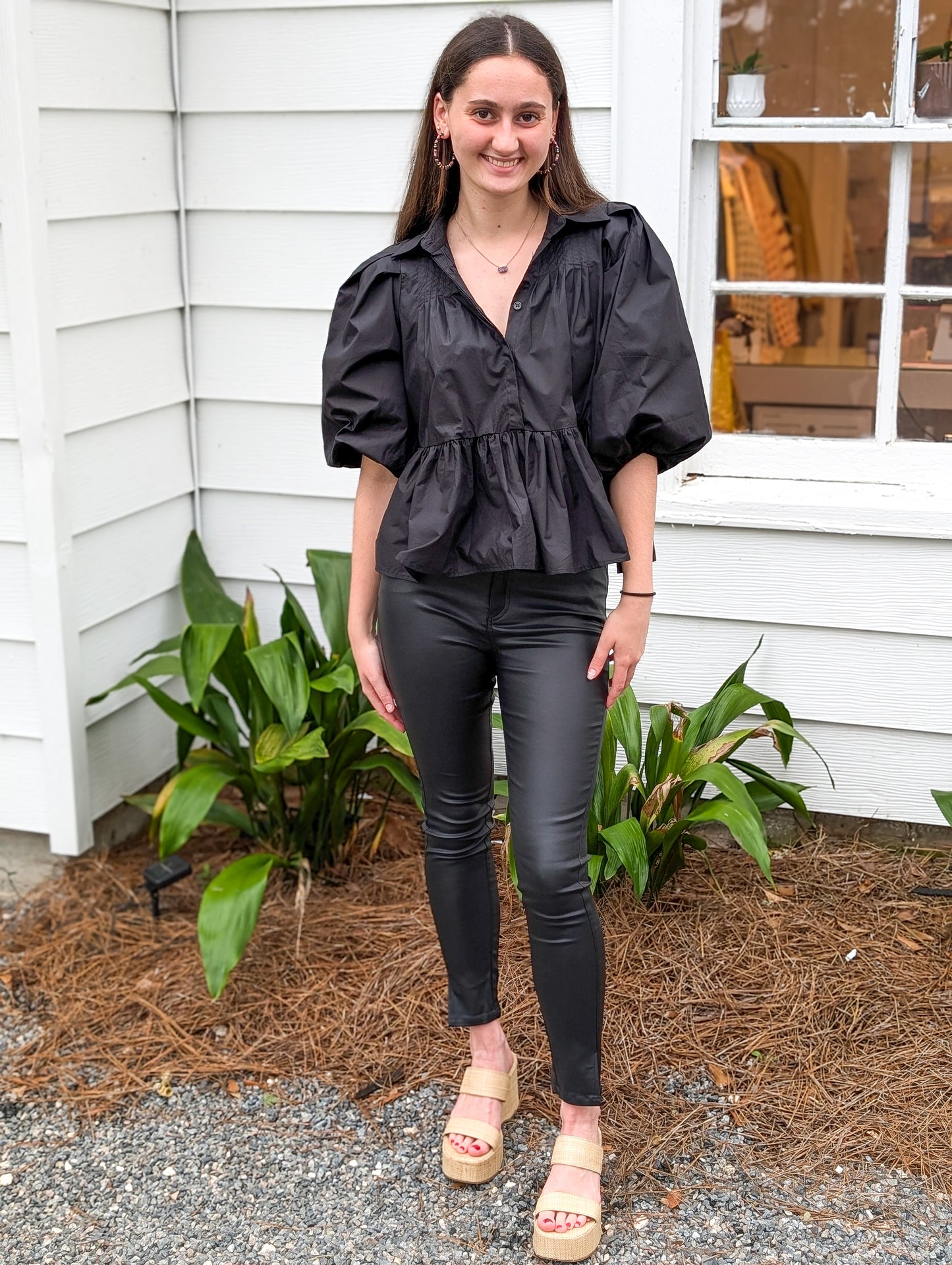 Black Puff Sleeve Button Up Blouse With Collar