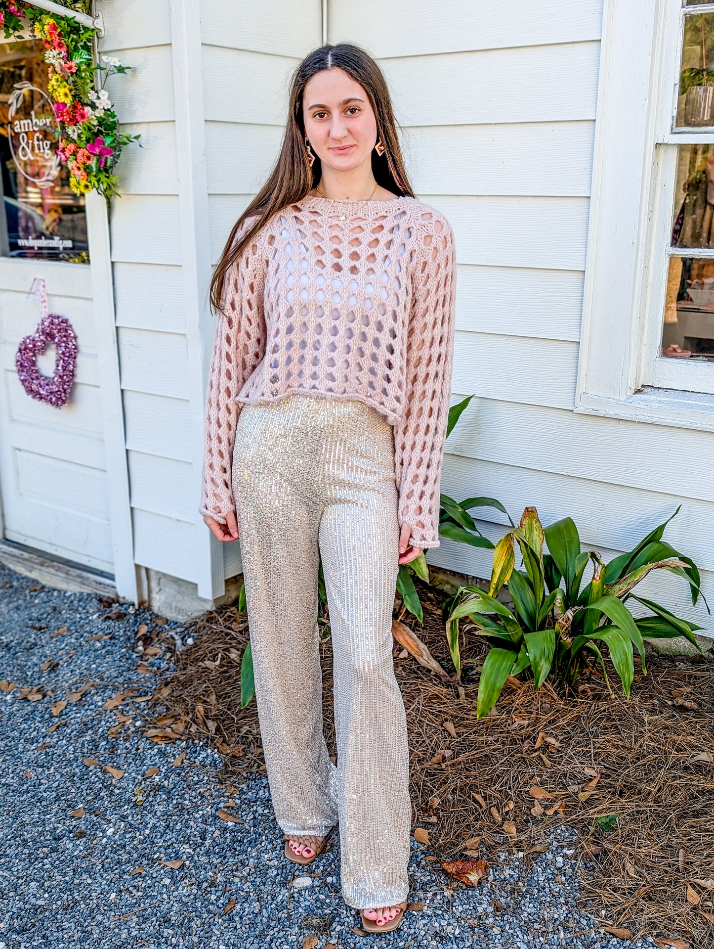 *FINAL SALE* Champagne Gold Sequin High Waisted Flare Pants