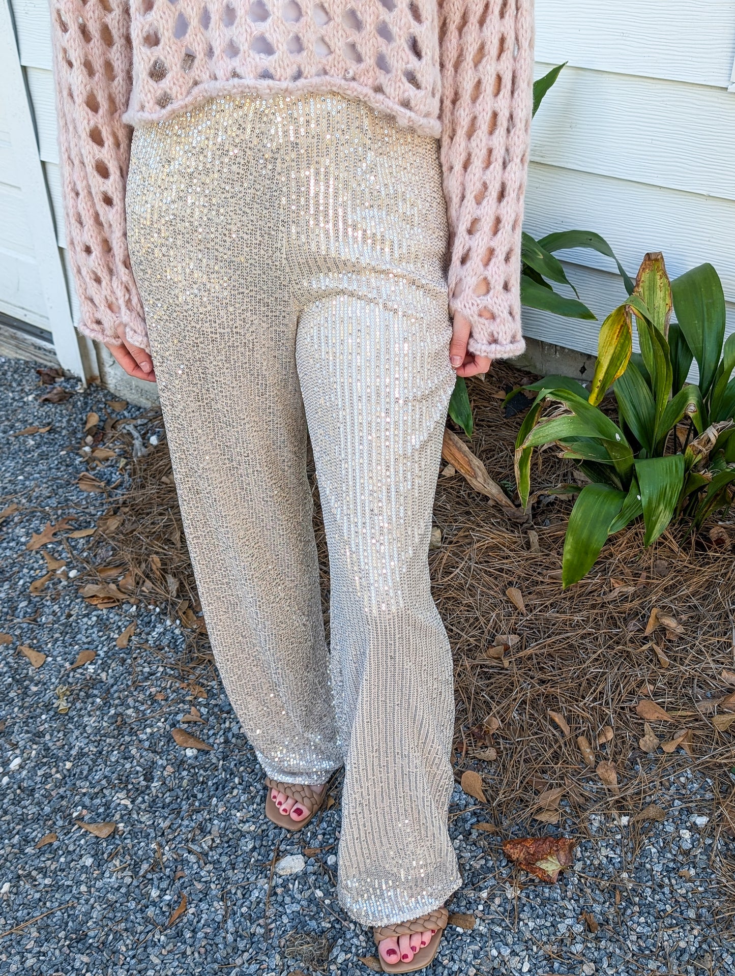 *FINAL SALE* Champagne Gold Sequin High Waisted Flare Pants