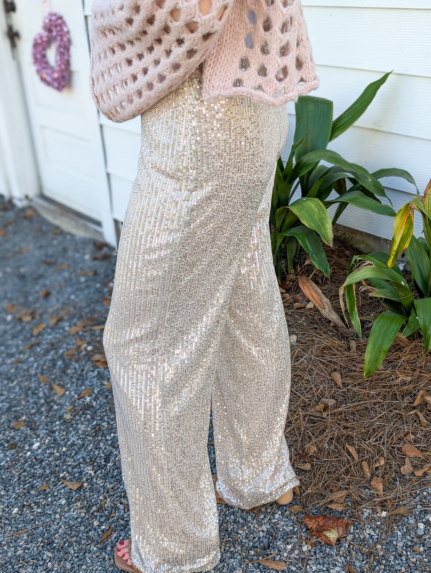 *FINAL SALE* Champagne Gold Sequin High Waisted Flare Pants