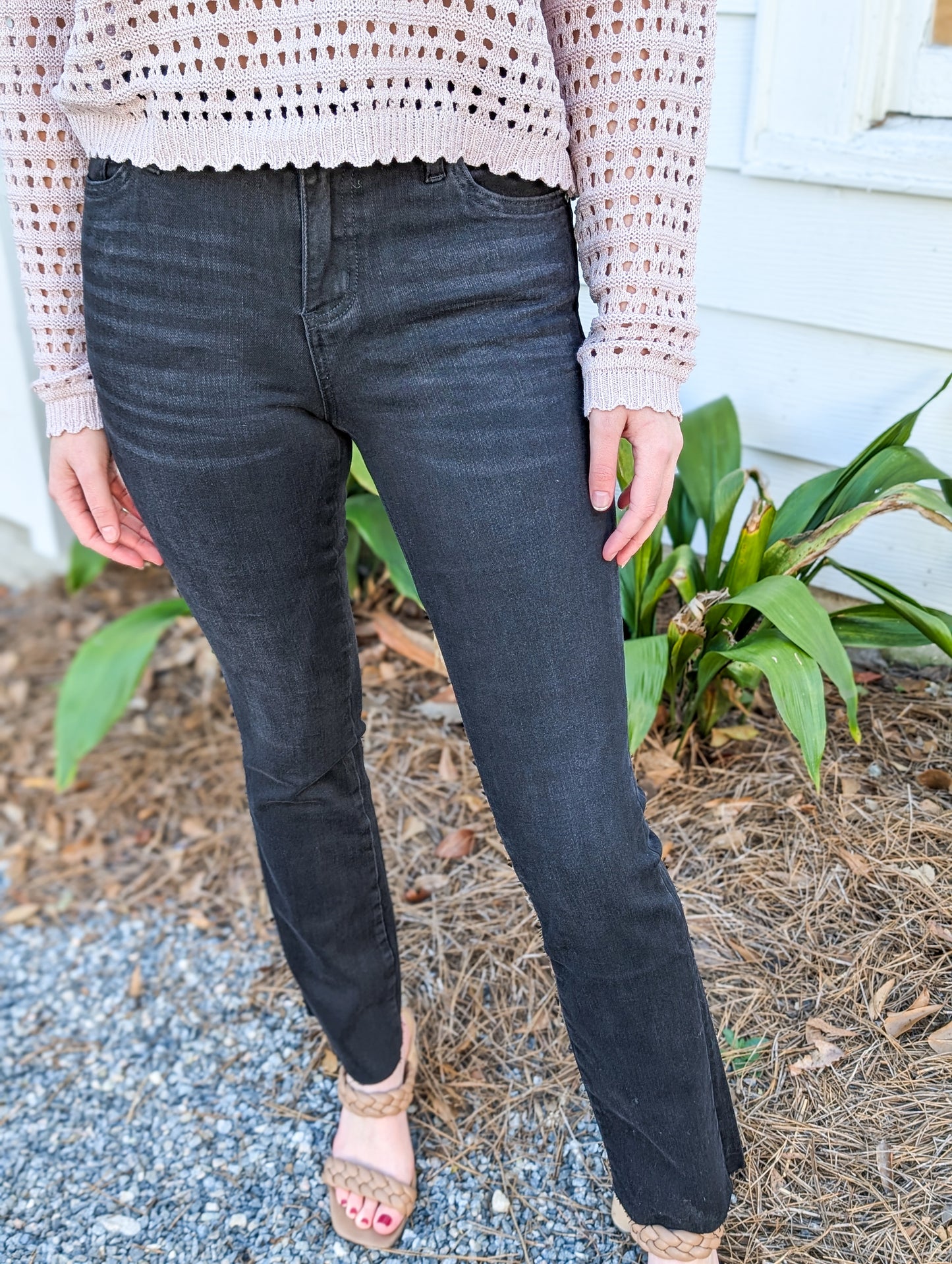 Black Mid Rise Boot Cut Denim Jean with Raw Hem