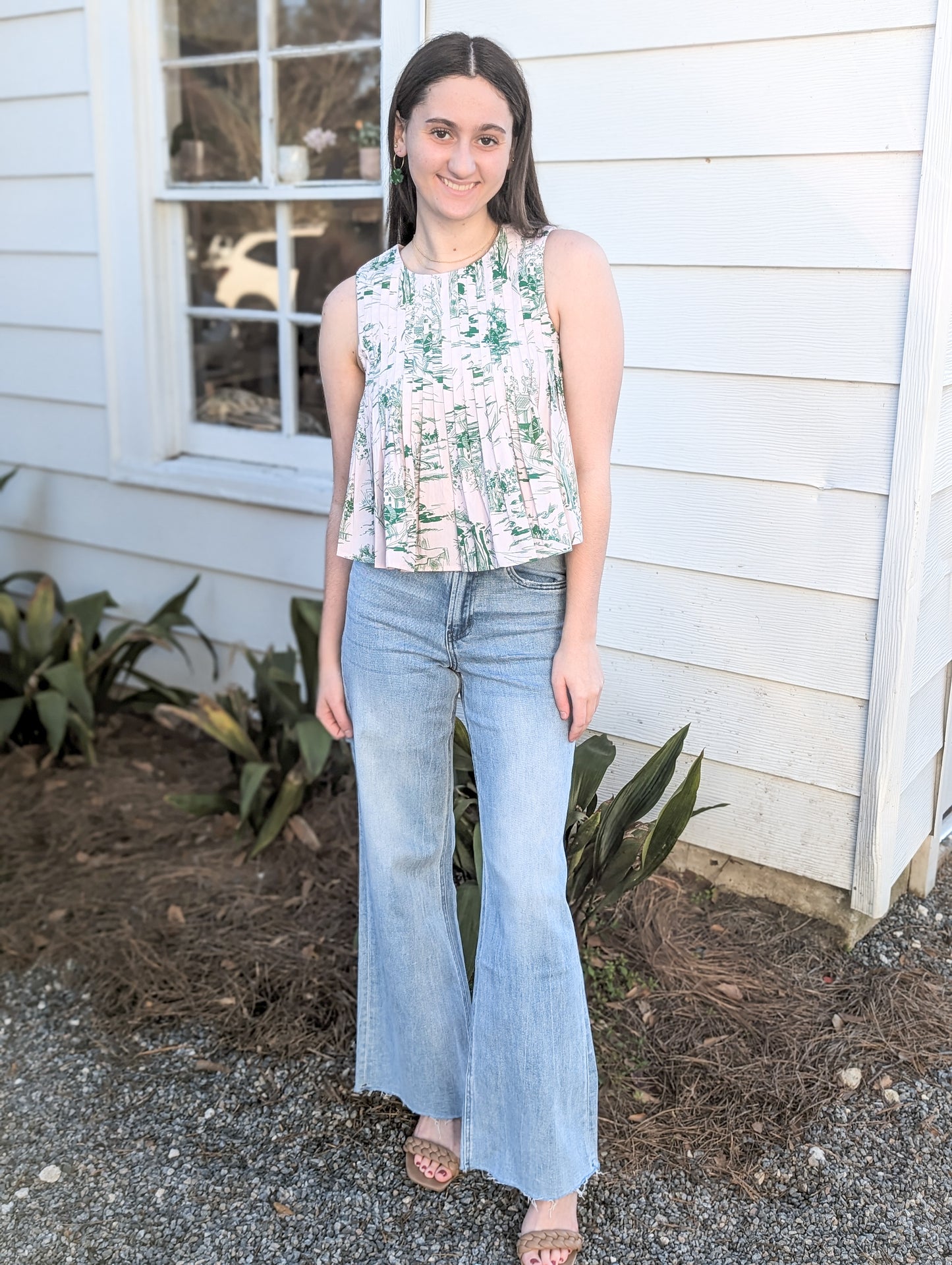 Green and Baby Pink Garden Reverie Patterned Pleat Top