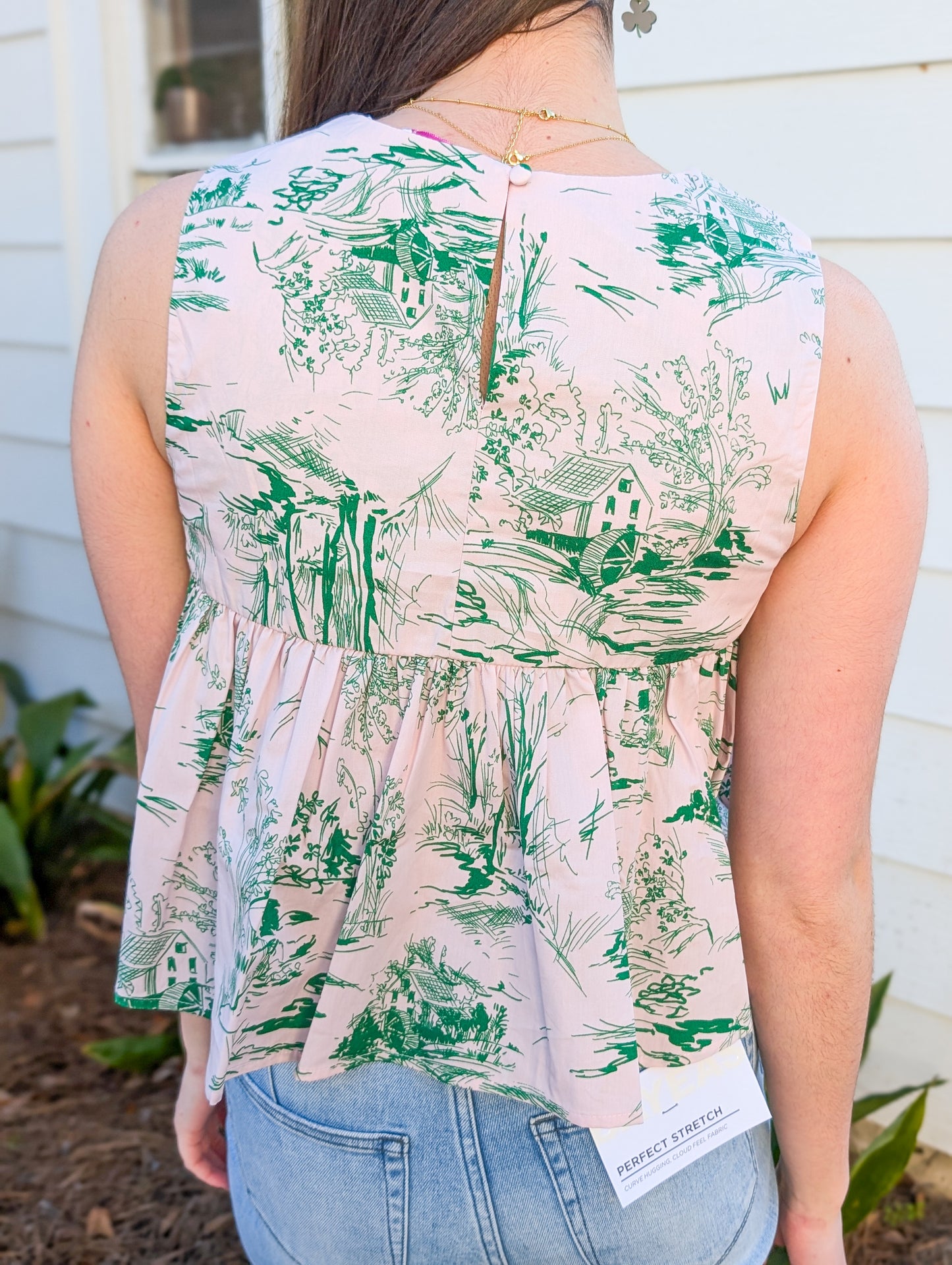 Green and Baby Pink Garden Reverie Patterned Pleat Top