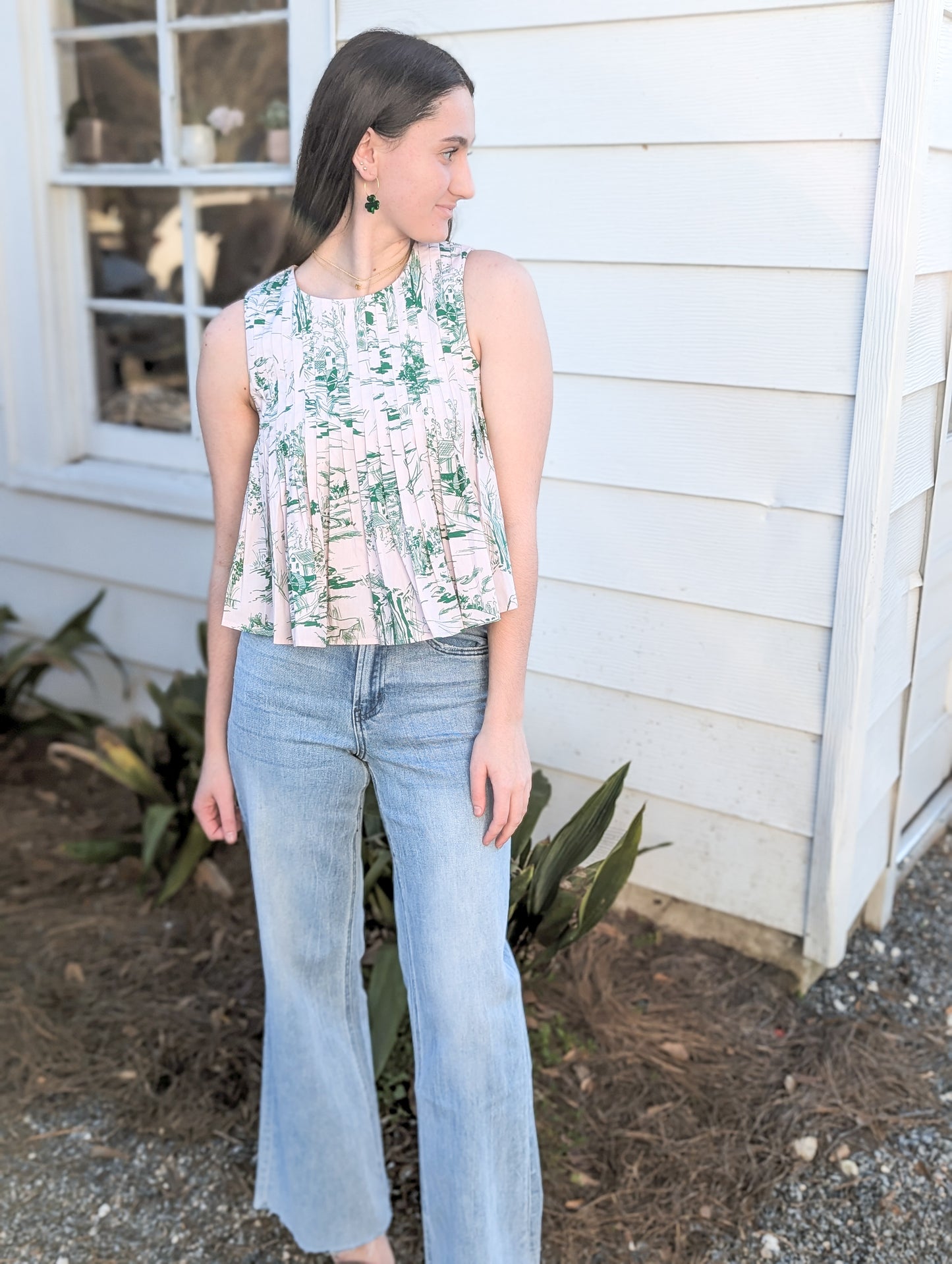 Green and Baby Pink Garden Reverie Patterned Pleat Top