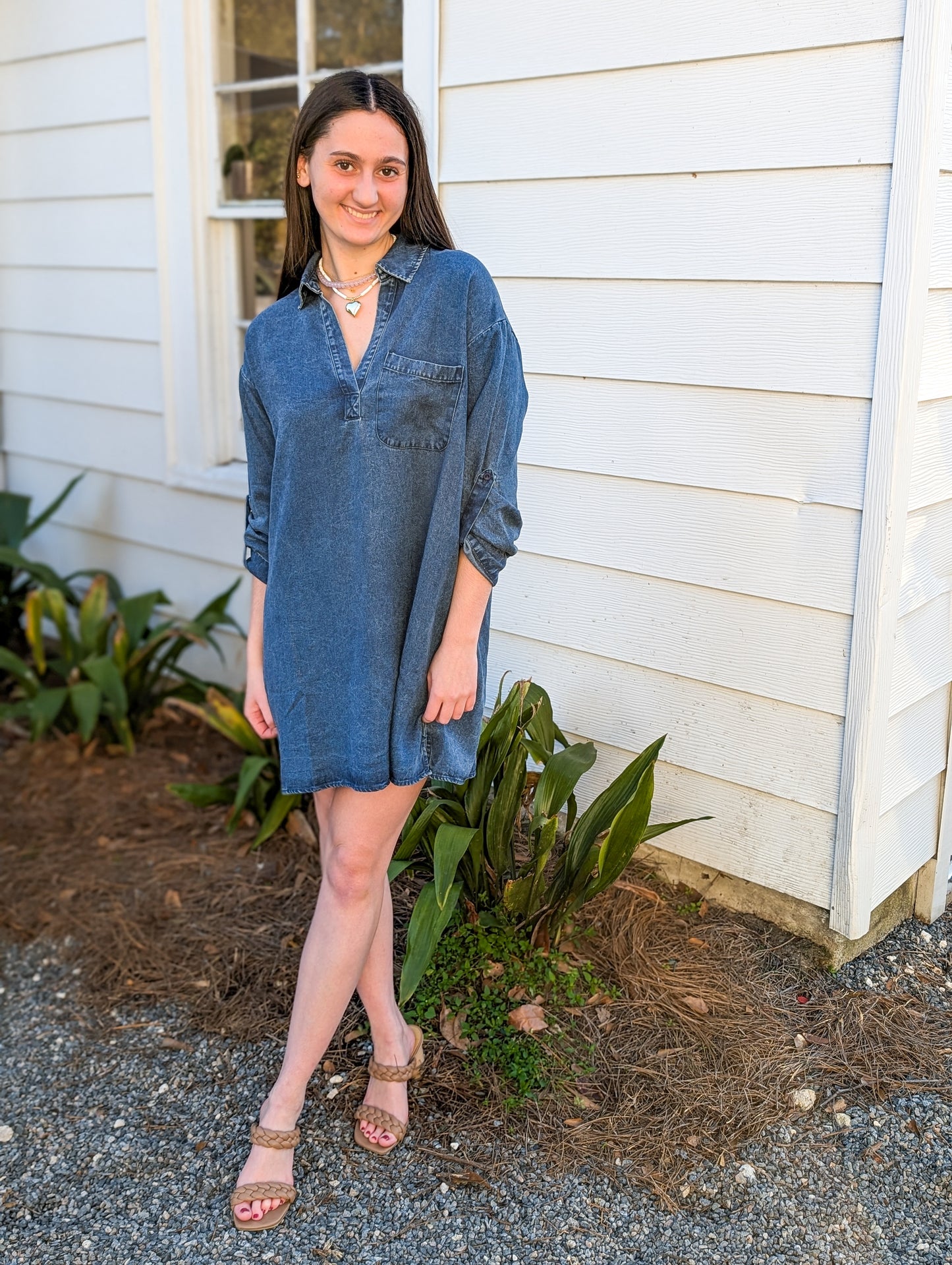 It’s Pouring Collar Dark Chambray Denim Dress with Front Pocket