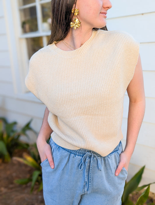 Ivory Raindrop Sleeveless Relaxed Fit Ribbed Sweater Tank