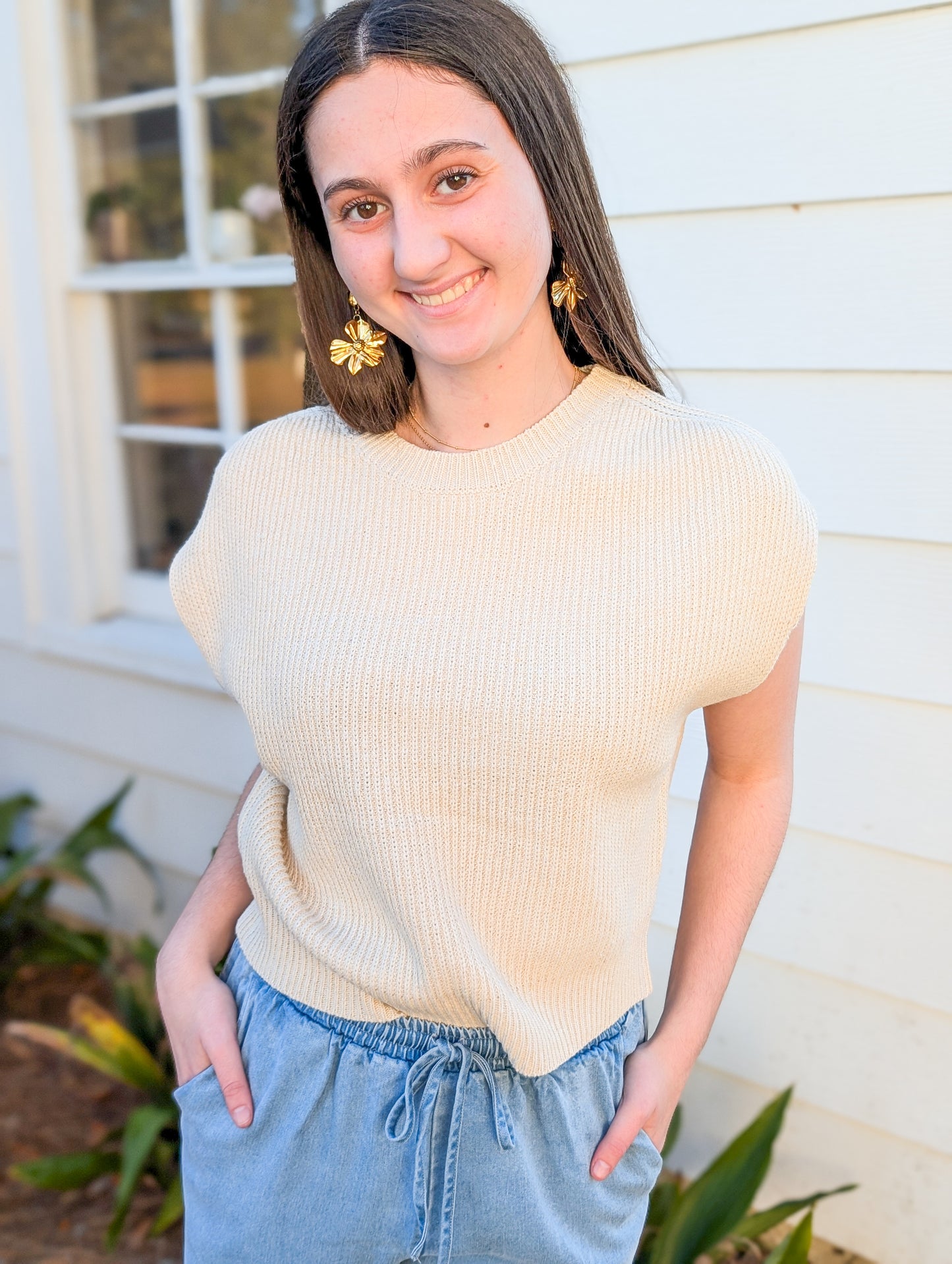 Ivory Raindrop Sleeveless Relaxed Fit Ribbed Sweater Tank