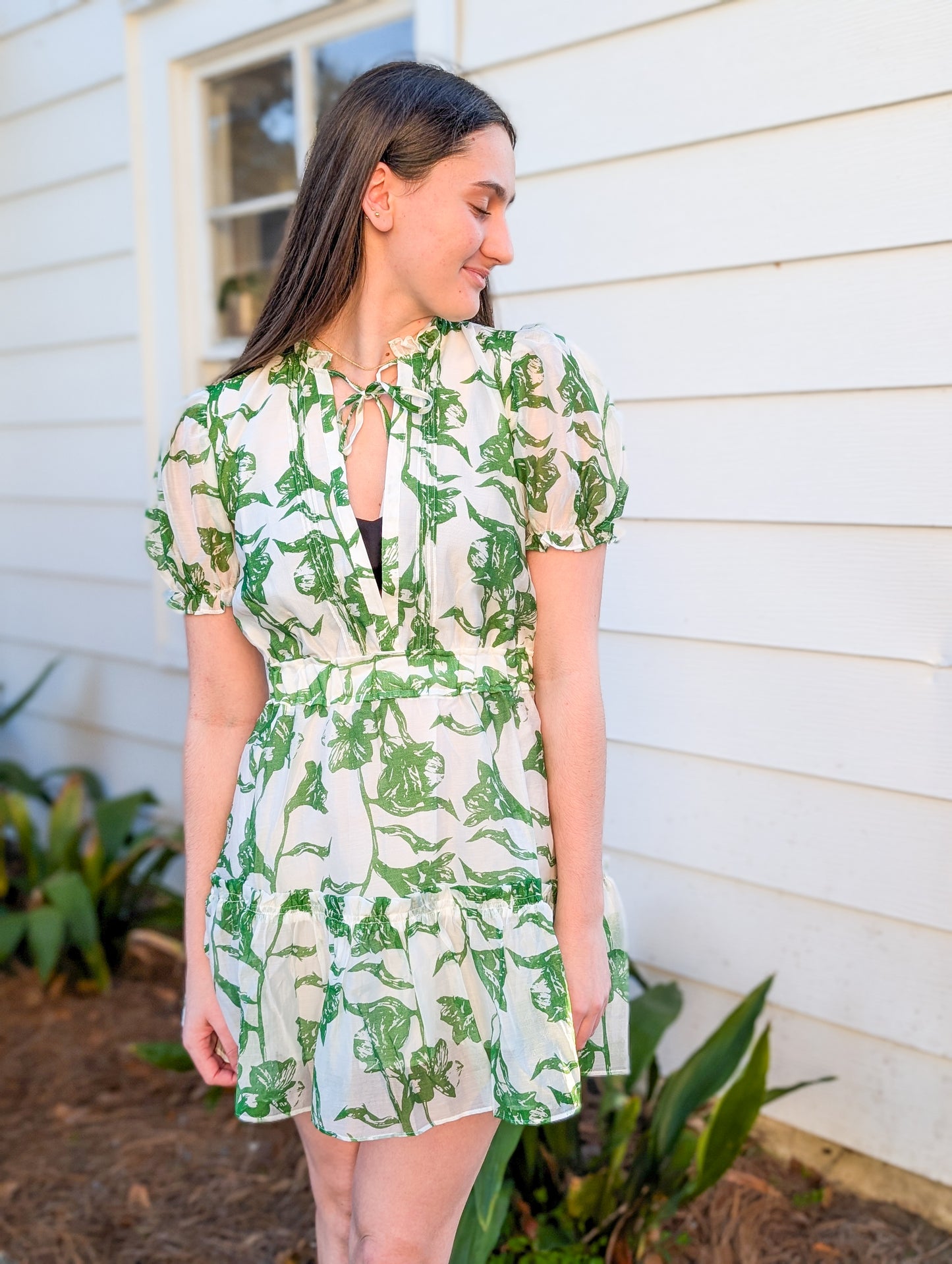 Kelly Green Patterned Verdant Bloom Short Dress