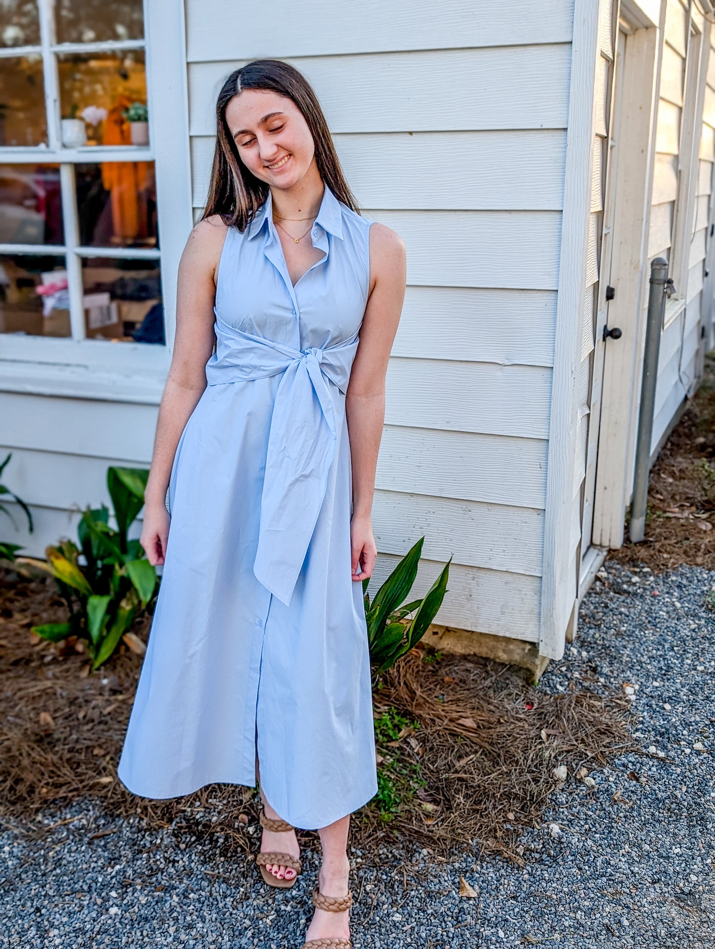 Skyline Light Blue Serenity Shirt Dress with Adjustable Tie Front