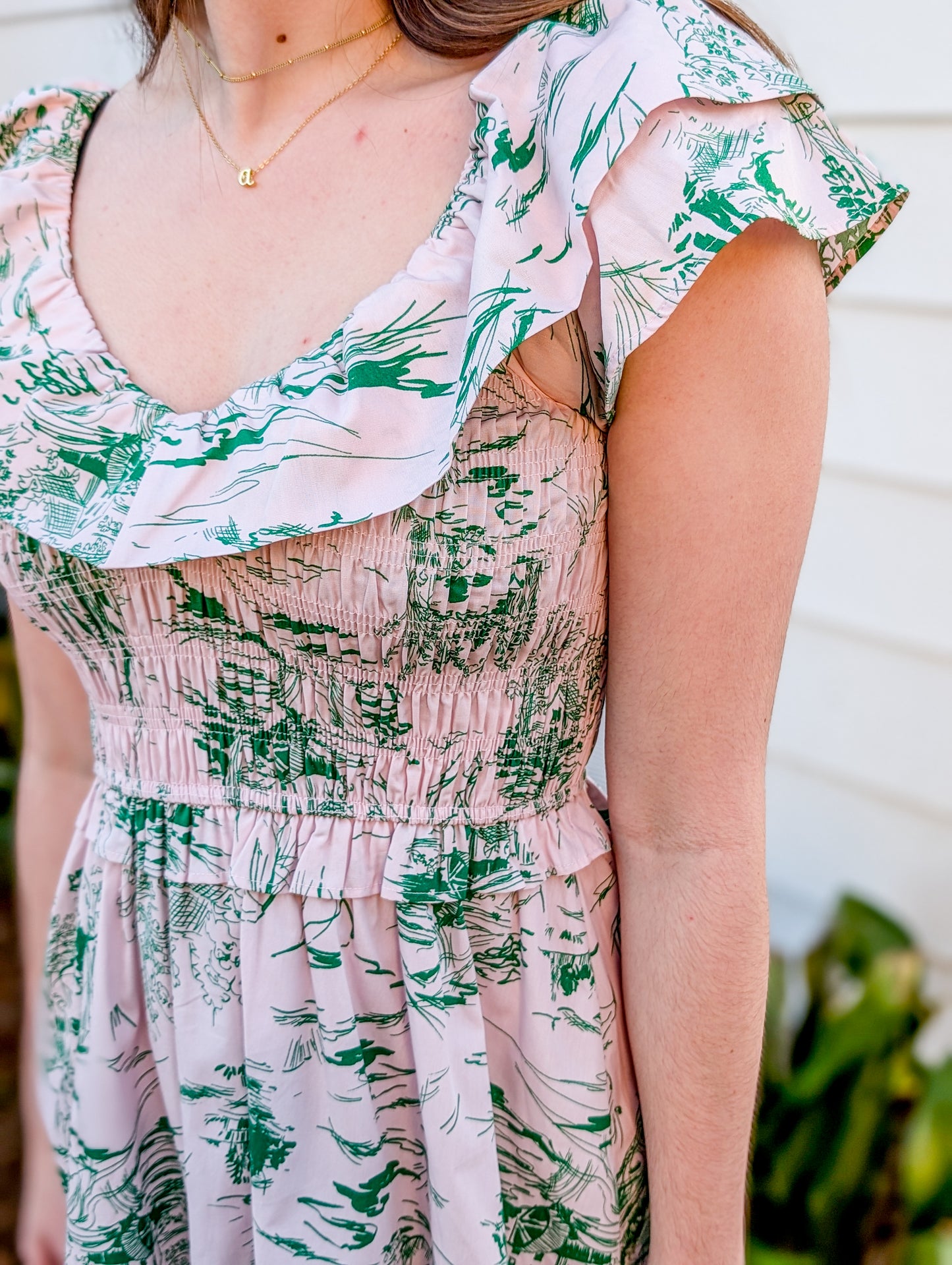 Green and Baby Pink Garden Reverie Patterned Short Dress