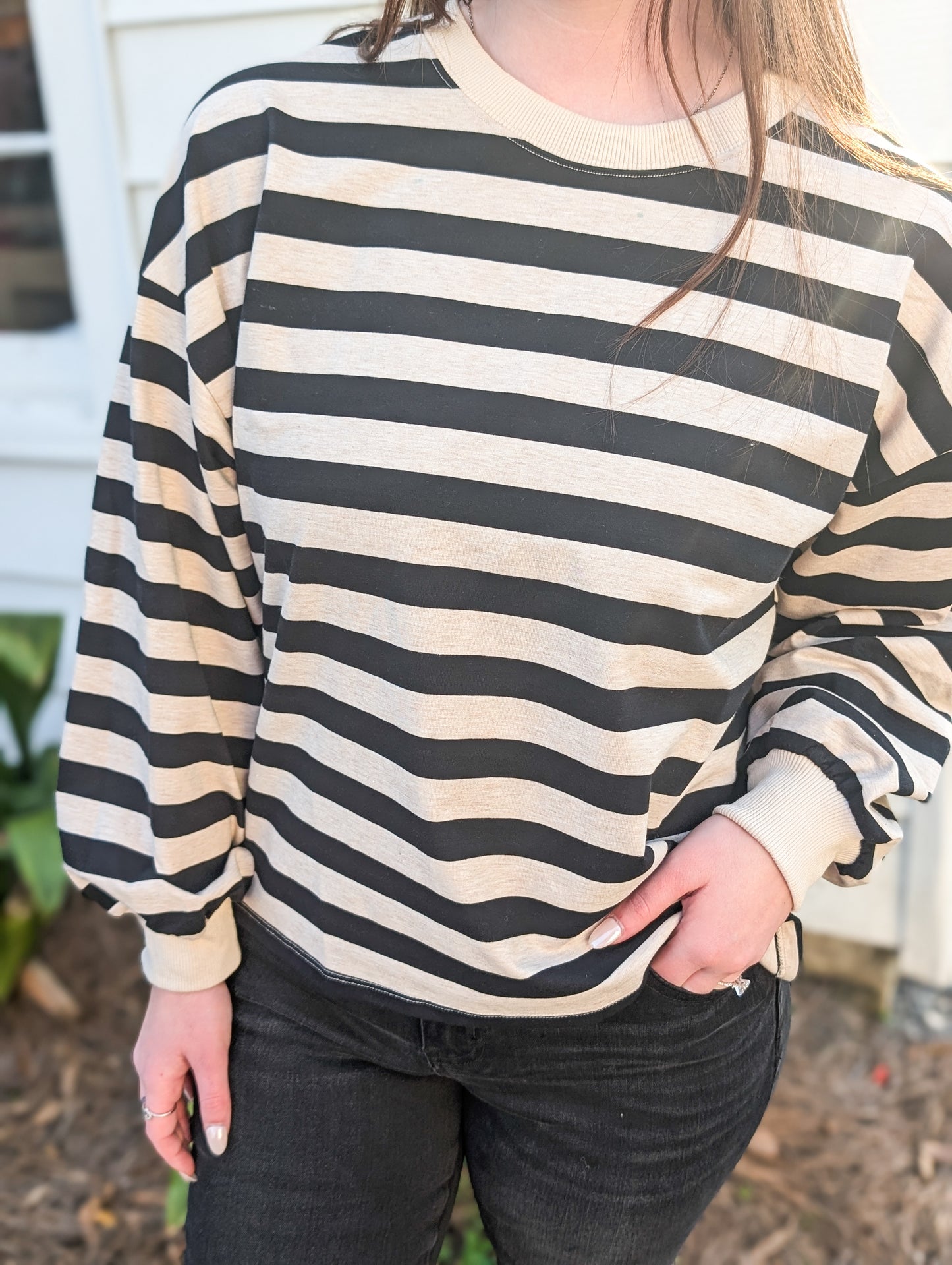 Ivory and Black Striped Growth Stripped Pullover