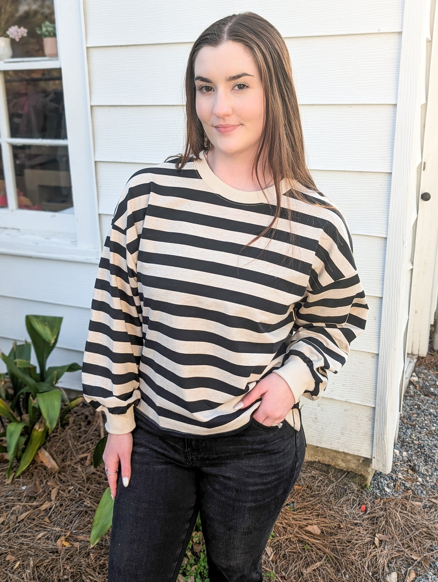 Ivory and Black Striped Growth Stripped Pullover