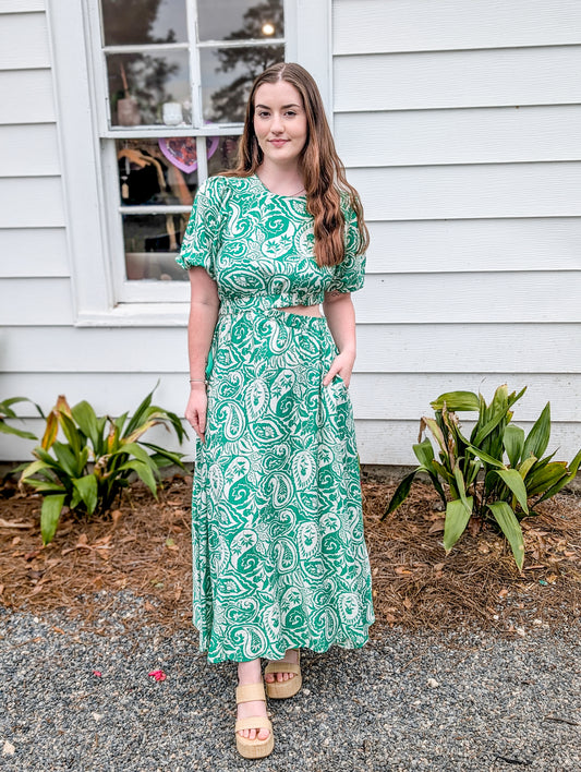 Green Paisley Maxi With Cut-Out