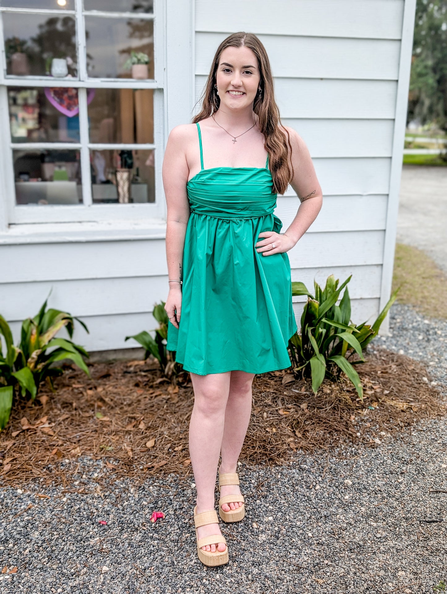 Leaf Green Short Dress With Spaghetti Straps