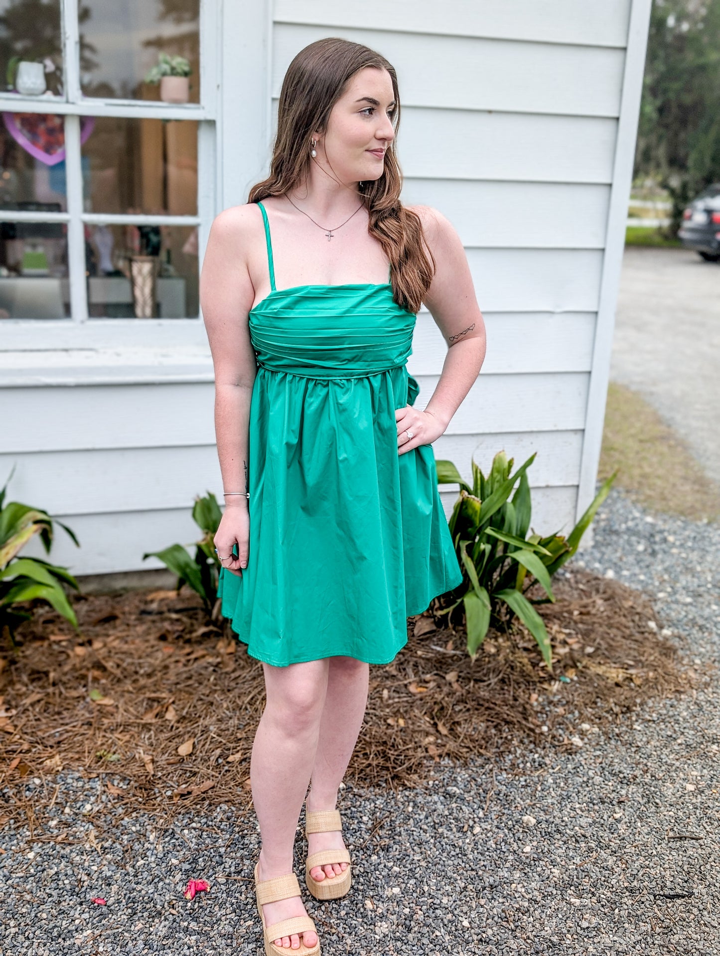 Leaf Green Short Dress With Spaghetti Straps