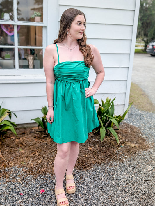 Leaf Green Short Dress With Spaghetti Straps