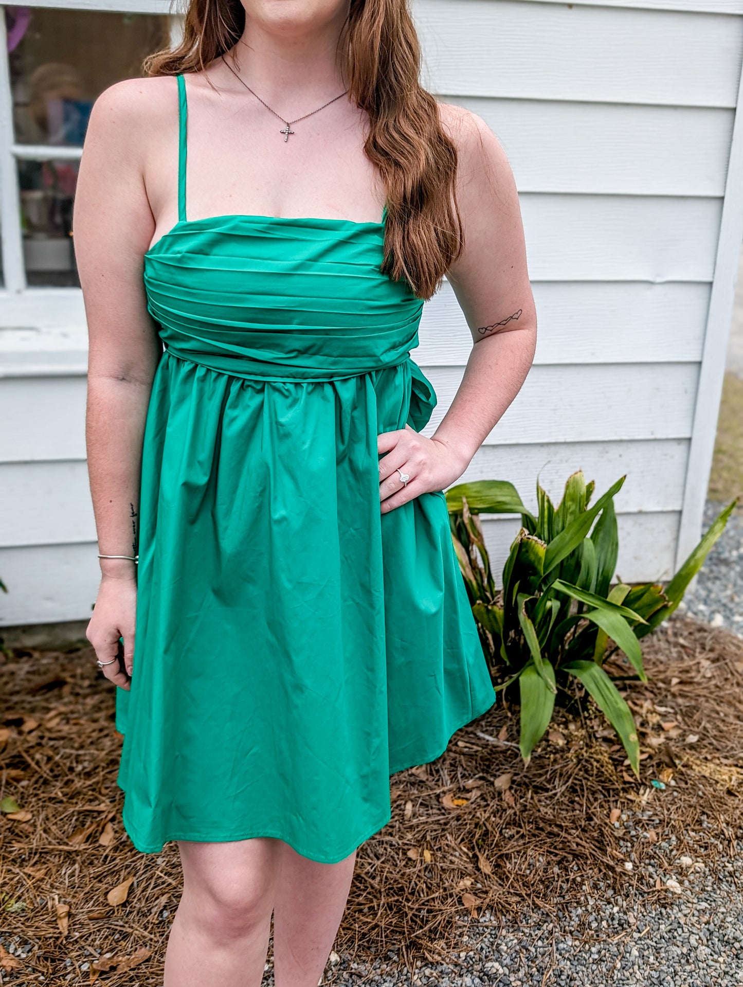 Leaf Green Short Dress With Spaghetti Straps