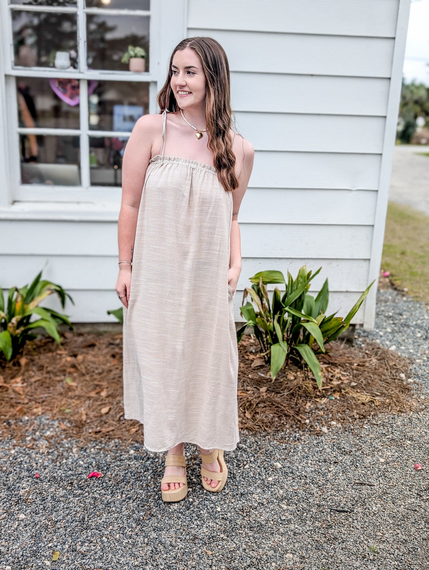 Mojave Taupe Tie Strap Midi Dress