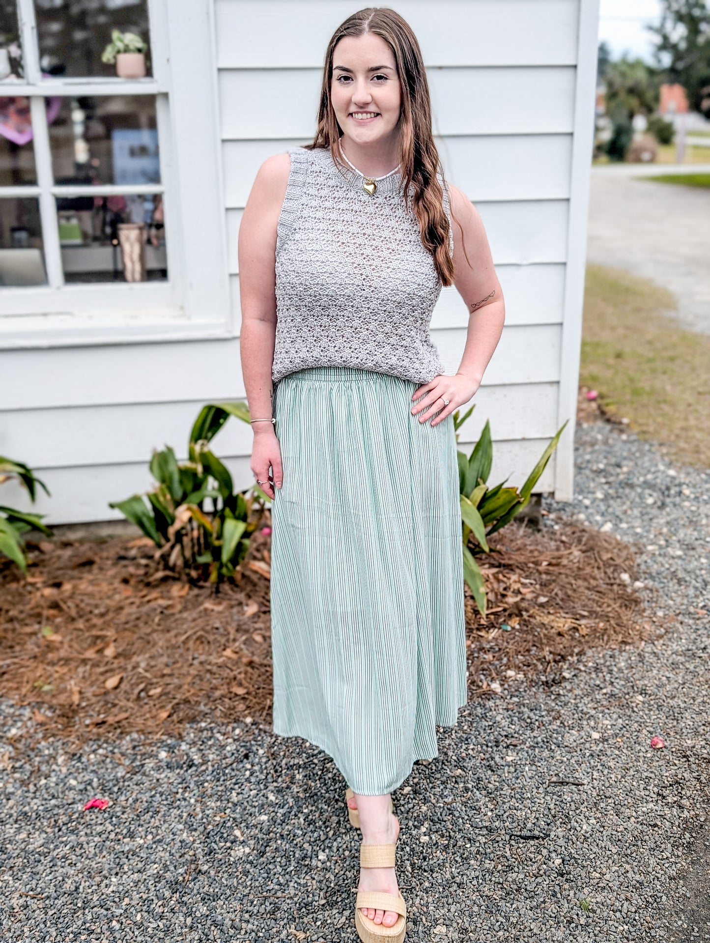 Flowy Mint Green Pin Striped Midi Skirt