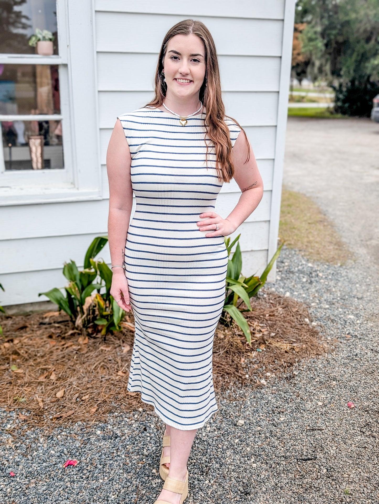 Navy Stripped Knit Midi Dress