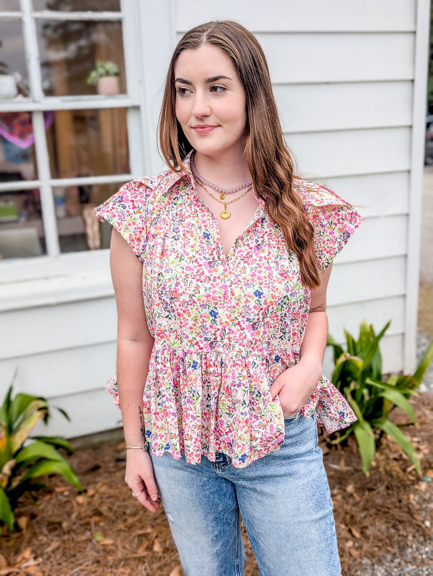 Multicolor Dainty Floral Flutter Sleeve Mosaic Top