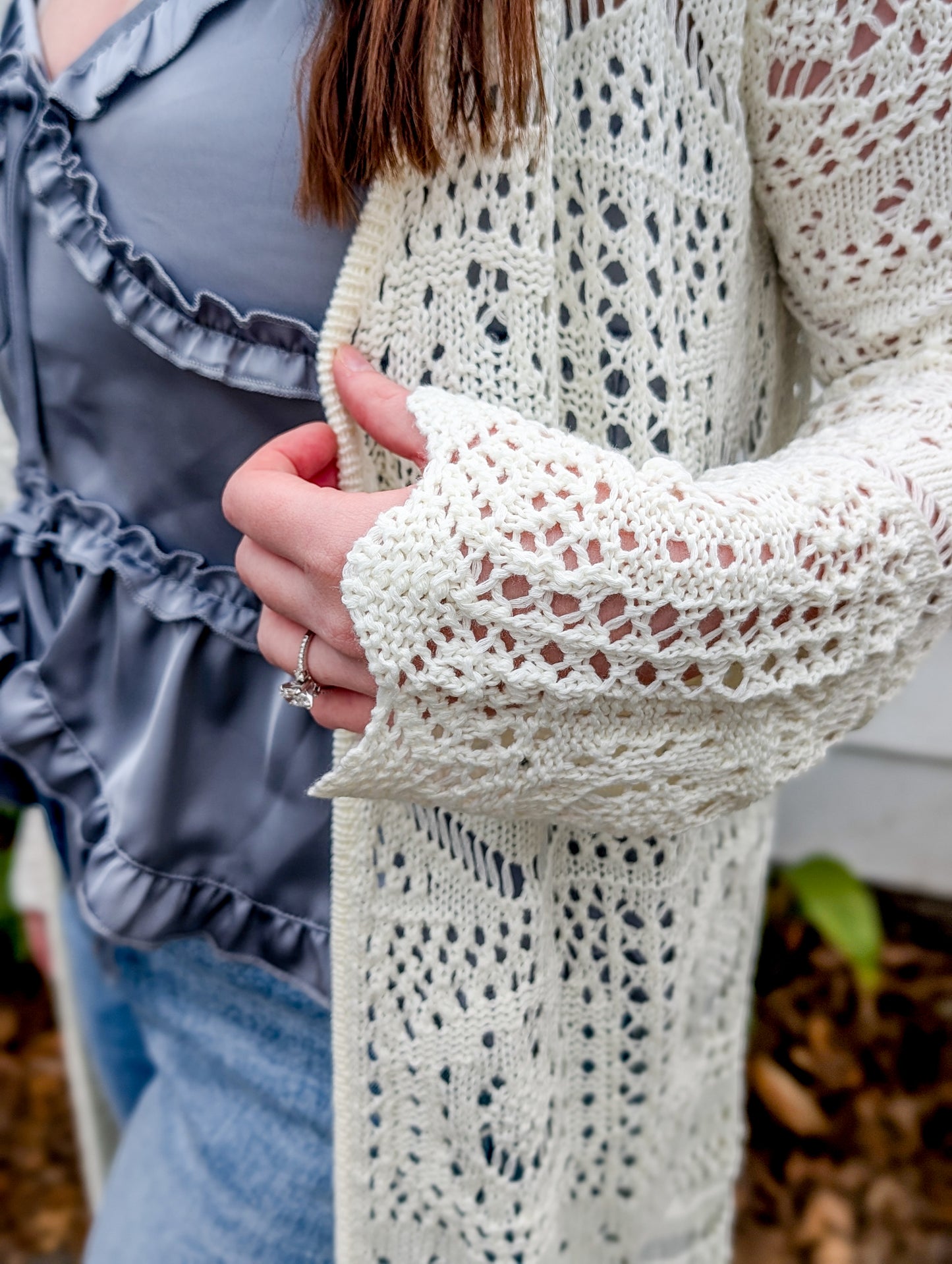 Ivory Long Intricate Knit Cardiagn