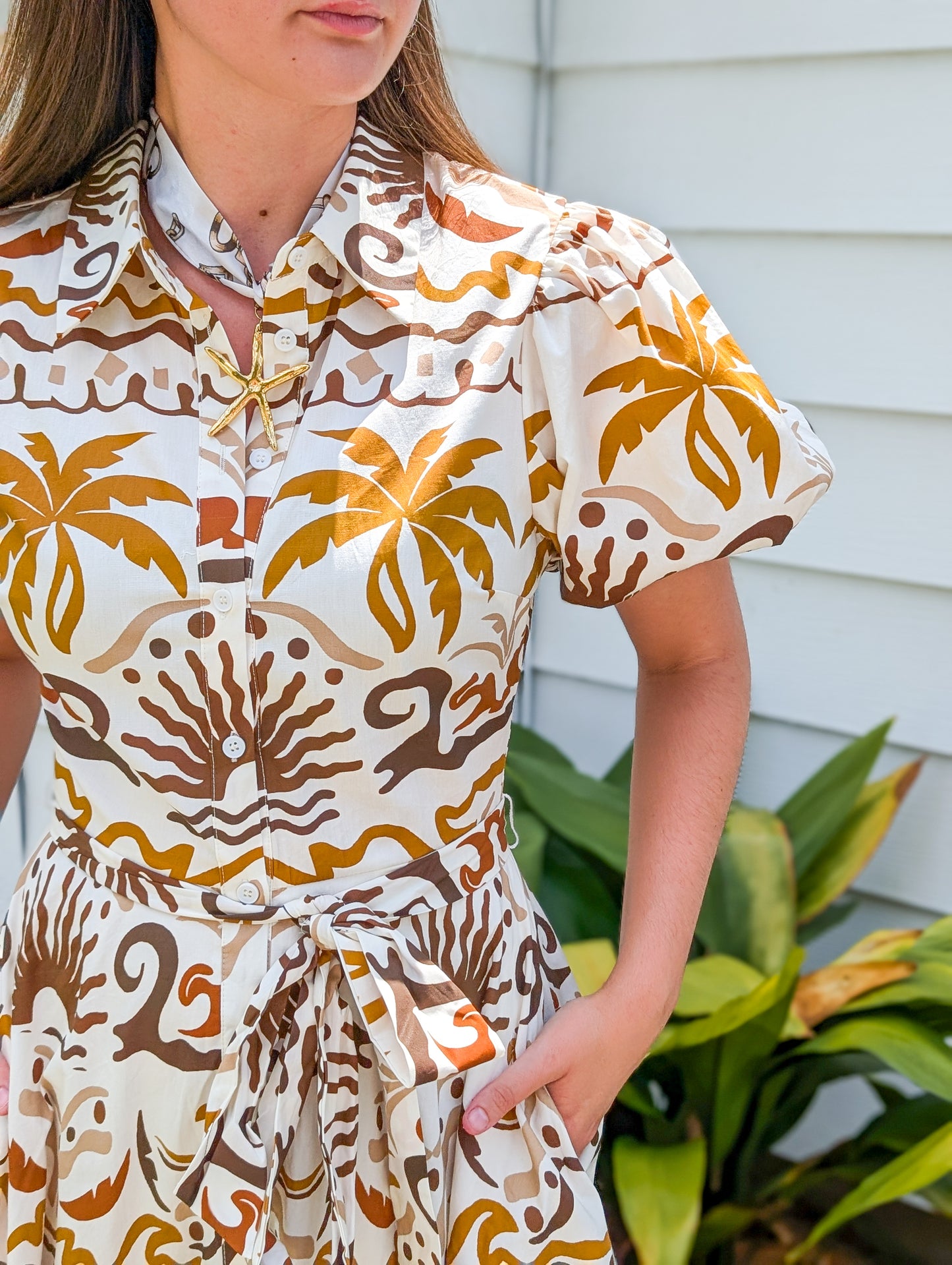 Brown Palm Motif Button Up Midi Dress