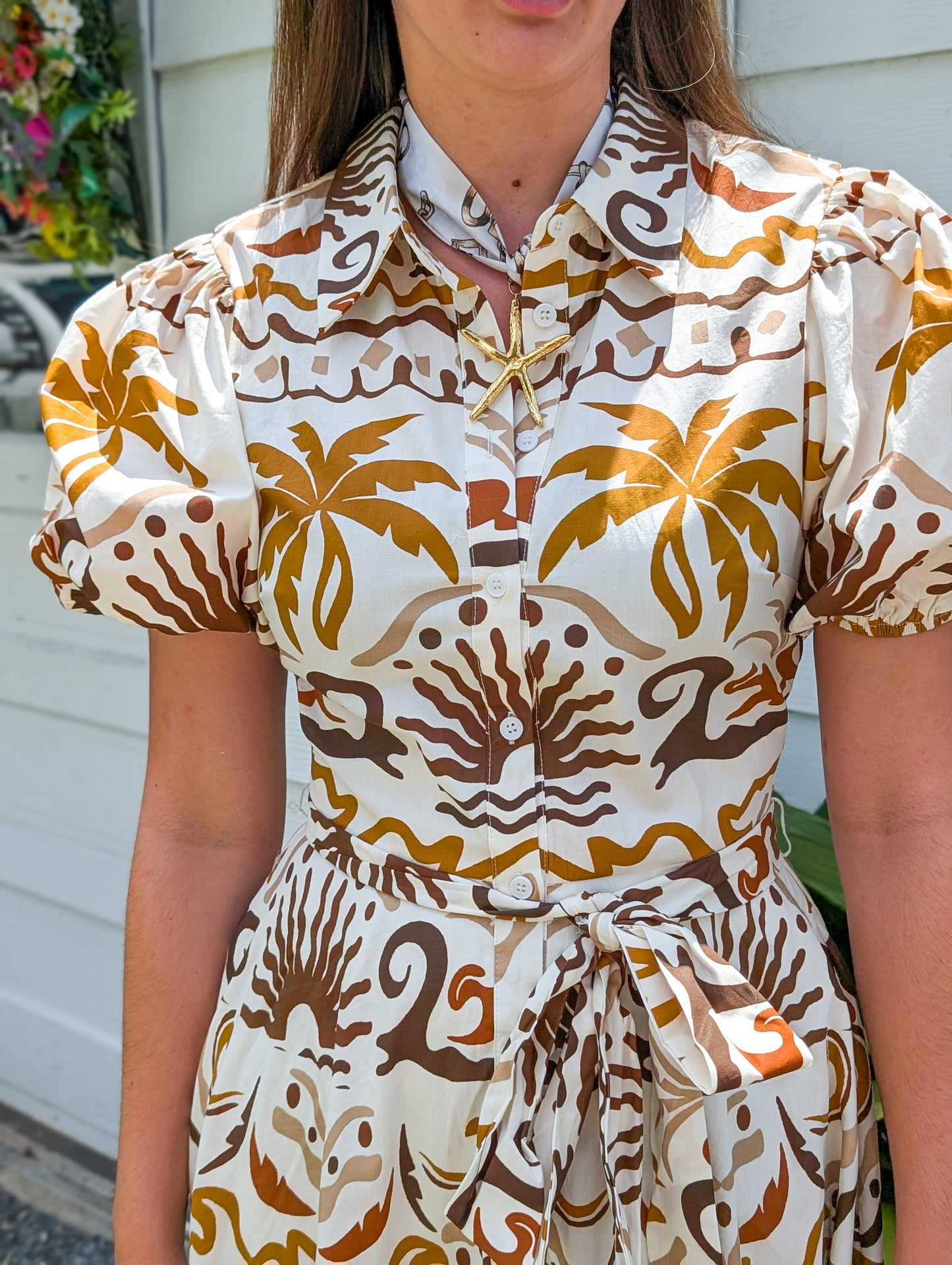 Brown Palm Motif Button Up Midi Dress
