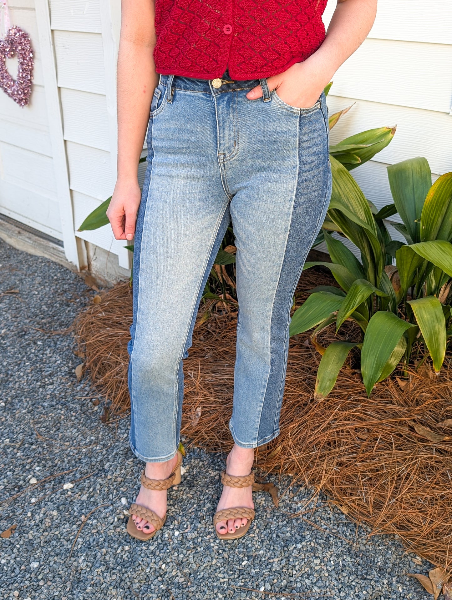 High Rise Straight 2 Toned Jeans