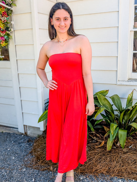 Knit Polyester Spandex Tube Strapless Flare Jumpsuit