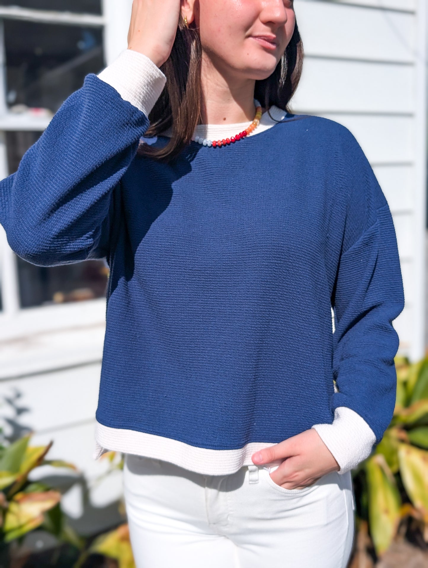Rounded Neck Cloudy Knit Long Sleeve Top