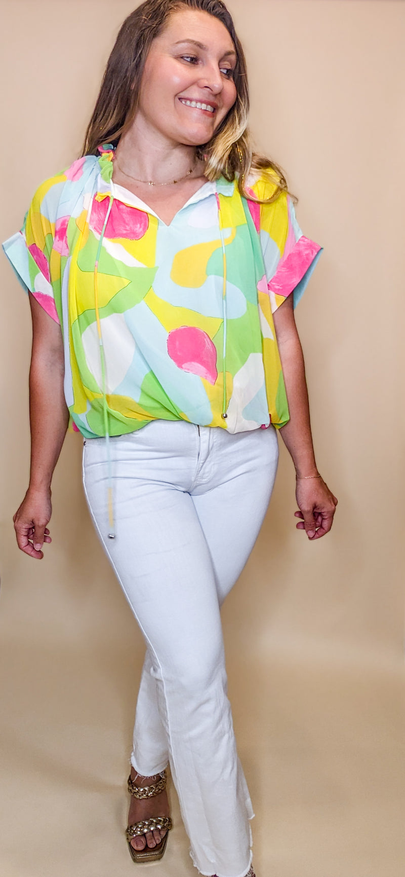 Neon Pastel Abstract Tie Ruffle Neckle Short Sleeve Bubble Top