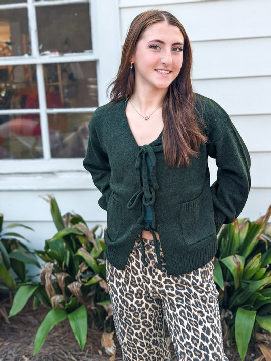 Knot Front Long Sleeve V-Neck Cardigan