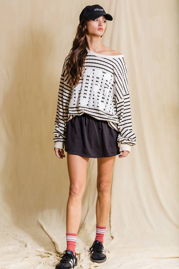 'GEORGIA' Graphic Black and White Textured Stripe Sweatshirt Top