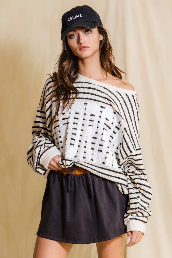 'GEORGIA' Graphic Black and White Textured Stripe Sweatshirt Top