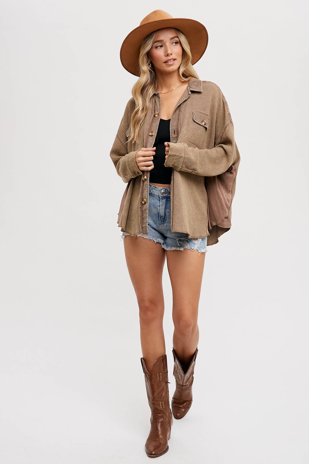 Slouchy Coffee Waffle Knit Button Up Shirt