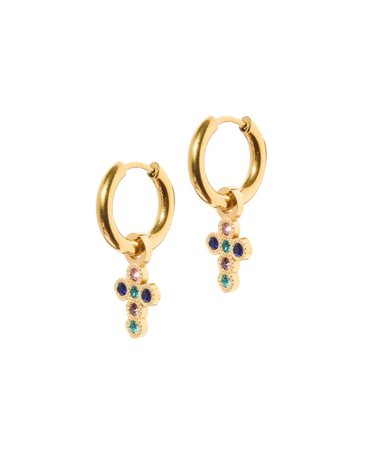 Gold Huggie Colored Cross Earrings
