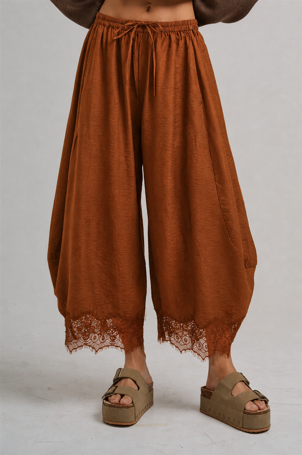 LIGHTWEIGHT FLOWY WIDE BALLOON LEG PANTS WITH DELICATE LACE