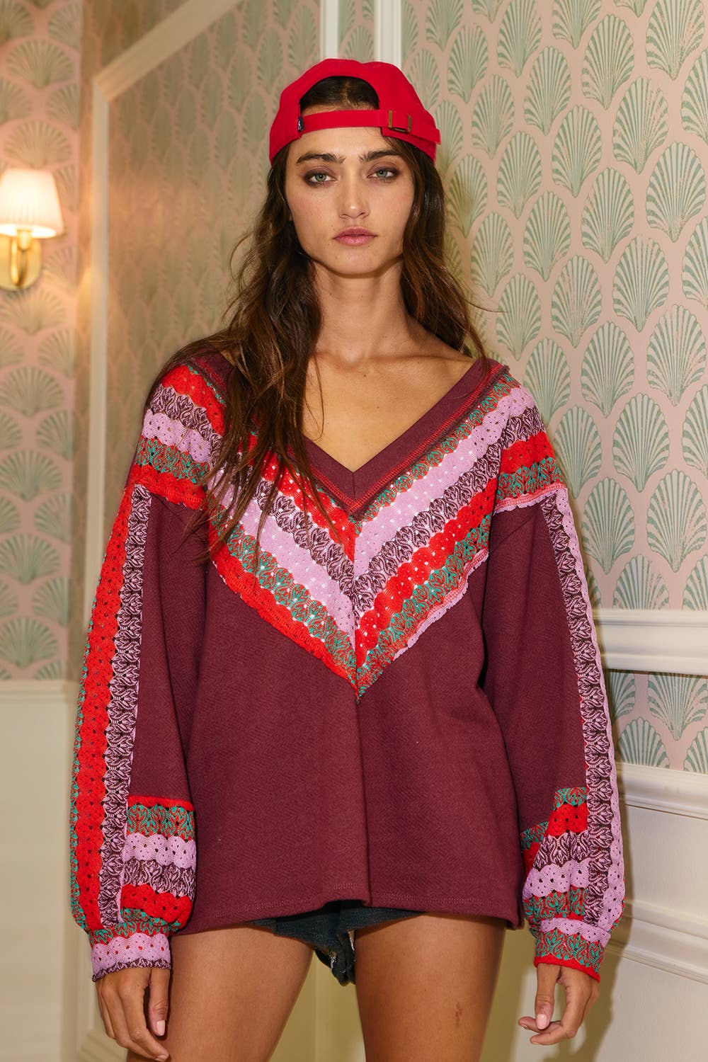 Crochet Lace Contrast Details V-neck Terry Top