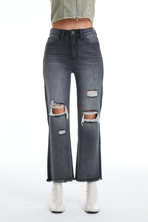 High Rise Straight Leg Two Toned Denim with Destruction